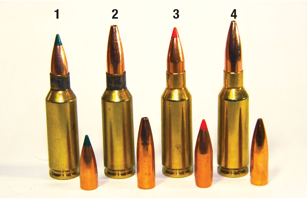 Light varmint bullets chosen to shoot from the HOWA Carbon Elevate Mini Action included: (1) Sierra’s 55-grain BlitzKing, (2) Barnes’ 62-grain Varmint Grenade, (3) Hornady’s 75-grain V-MAX and (4) Berger’s 80-grain Flat Base Varmint.